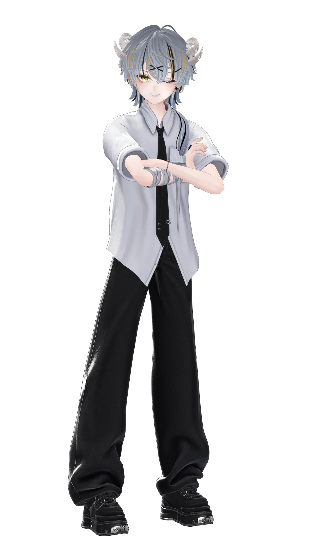 415. character illustration: silver-haired character with amber and lime accents